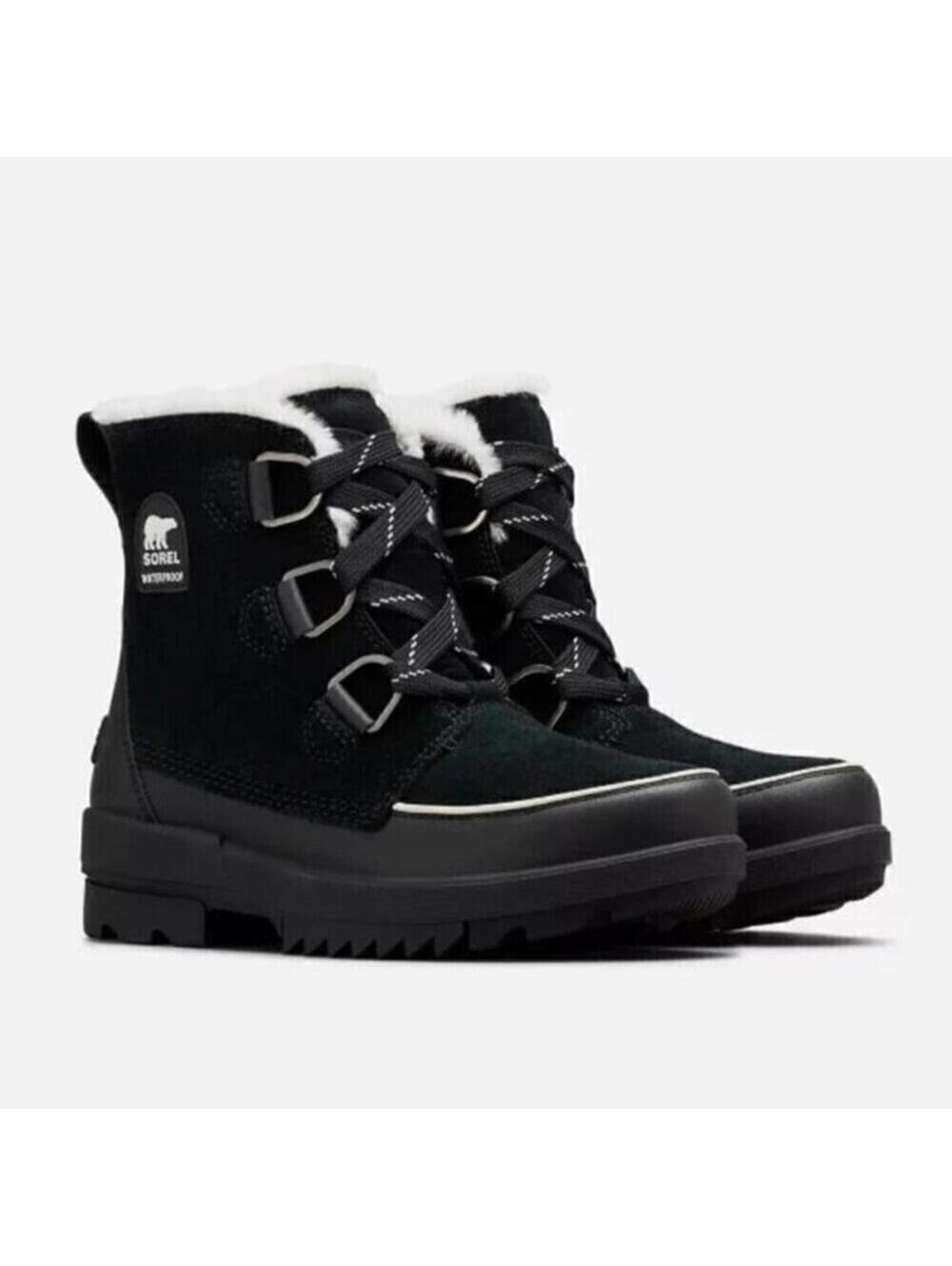 Sorel Womens 7 Black Boot Suede Lace Up White Faux Fur Waterproof NEW IN BOX